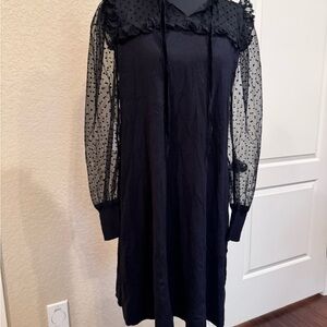 LOFT Black Dress with Sheer Polka Dot Sleeves